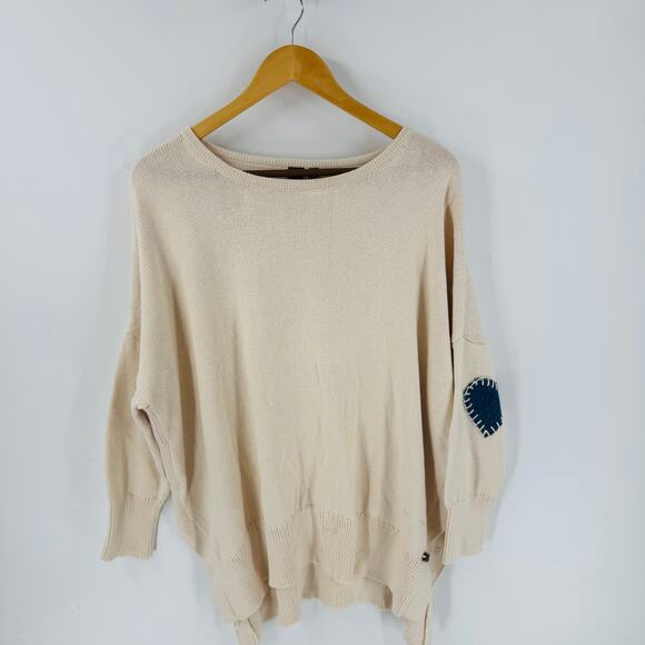 Shannon Passero Cream Knit Sweater L Denim Heart Elbow Patches Oversized Tunic - Picture 8 of 8